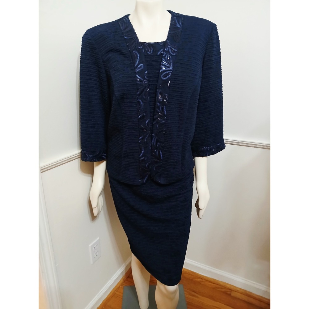 Maya Brooke Navy Blue Sequin Trim Dress and Jacket Set 22W Plus Size NEW - Picture 2 of 11